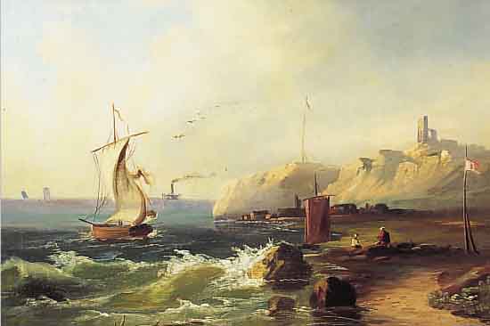 UNBEKANNTER MALER, MITTE 19. JH., , ÖL/LWD, CA. 47.5 X 65.5 CM, FISCHERBOOT UND DAMPFER VOR KüSTE MIT PERSONENSTAFFAGE, FEINE MALEREI,LWD AN ...