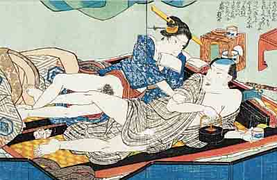 DOPPELBLATT AUS EINEM JAPANISCHEN SHUNGA-BUCH,19. JH., GOUACHE AUF PAPIER, MIT SCHRIFT- ZEICHEN, BUGFALTE AUSEINANDER UND MIT KLEINER FEHLSTELLE, ...