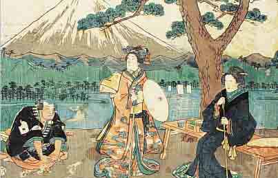 HIROSHIGE, ANDO, JAPANISCHER FARBHOLZSCHNITT, MITTE 19. JH., PERSONEN IM PARK VOR DEM FUJI, WASSERFLECKIG, EINIGE FEHLSTELLEN, DIESEZ.T. MIT ...