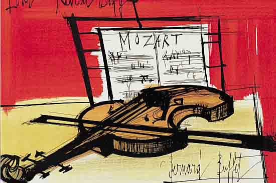 BUFFET, BERNARD, MOZART, FARBLITHOGRAPHIE AUF RIVES-BüTTEN, AUS HOMMAGE A RAOUL DUFY, ED. LIBRAIRIE PERRINE MOURLOT PARIS 1965, CA. 16 X 22 CM, ...
