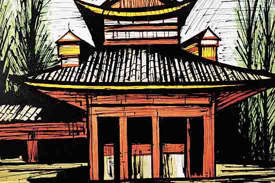 BUFFET, BERNARD, DER KLEINE TEMPEL HEIAN KYOTO, FARBLITHOGRAPHIE AUS: EINE REISE NACH JAPAN, AUFL. 180 EXEMPL. UND 20 KüNSTLEREXEM.,MOURLOT ...