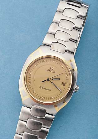 OMEGA HERRENARMBANDUHR SEAMASTER, REF.-NR. 3961022, SCHWEIZ UM 1990, EDELST., EDELST.- BAND M. UNSICHTB. SICHERHEITSFALTSCHL., LüNET-TE MASSIV ...