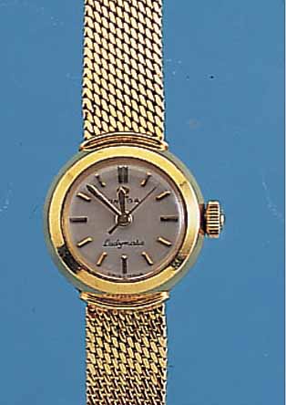 OMEGA DAMENGOLDBANDUHR LADYMATIC, REF.-NR. 7067, SCHWEIZ UM 1958, GG 750/000 INCL. GG- FLECHTBAND, BODEN GEDR., EINES DER KLEINSTEN ...