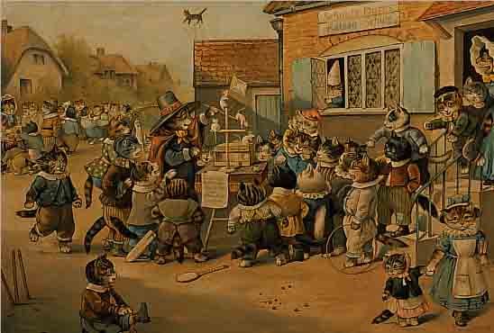 ZWEI LITHOGRAPHIEN "KATZEN-SCHULE", DEUTSCH, UM 1900, KOLORIERT, MIT VIELFIGURIGEN SZENEN MIT ALS MENSCHEN VERKLEIDETEN KATZEN, ...