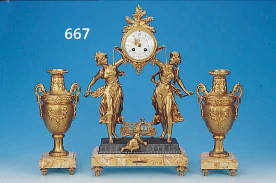 PENDULE MIT ZWEI BEISTELLERN, FRANKREICH, UM 1925, SPRITZGUß SEK. BRONZIERT, 2 JUNGE FRAUEN HALTEN UHR MIT STILISIERTER FRüCHTE- GIRLANDE, ...