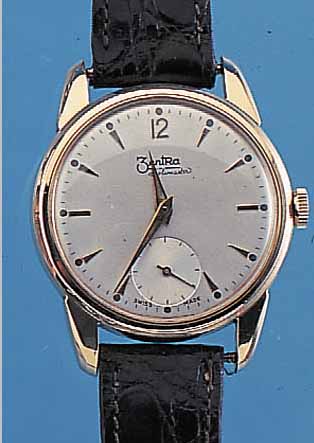 ZENTRA HERRENARMBANDUHR SOLARMASTER, SCHWEIZ/DEUTSCHLAND UM 1955, METALL GELB VERG., EDELST.-BODEN GESCHR., AUßER KRONE U. LEDERB. ...