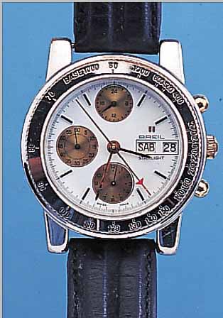 BREIL ARMBANDCHRONOGRAPH, SCHWEIZ UM 1997, METALL VERCHR., EDELST.-BODEN GEDR., BEIDS. MINERALVERGL., 60-MIN.- U. 12-STD.-STOPPZäH- LER, ...