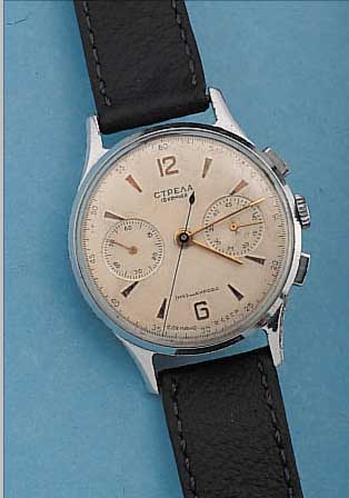 STRELA ARMBANDCHRONOGRAPH, REF.-NR. 26415, SOWJETUNION UM 1954, METALL VERCHR., EDELST.- BODEN U. GLASR. GEDR., ORIG.-BLATT FARBL. GET., ...