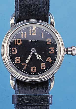 ZENITH FLIEGERARMBANDUHR, REF.-NR. 5011926, SCHWEIZ UM 1934, NICKEL, BODEN U. DREHLüNETTE M. INNENZEIGER GESCHR., EMAILKONTRASTZIFFER- BL. FEIN ...