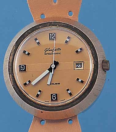 GLASHÜTTE HERRENARMBANDUHR SPEZIMATIC, REF.-NR. 428281, DEUTSCHLAND UM 1974, MASSIV METALLHARTVERG., EDELST.-BODEN GEDR., L. LAGERSP., 26 ST., ...