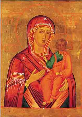 IKONE, 19. JH., ZENTRALRUSSLAND, GOTTES- MUTTER VON SMOLENSK MIT 4 RANDHEILIGEN: SCHUTZENGEL, AGRIPPINA, NIKITA, KATHARINA, MITEXPERTISE, ...