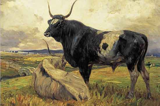 UNBEKANNTER KOPIST, UM 1900, WOHL SCHOTT- LAND, NACH VORBILD VON SIDNEY COOPER, ÖL/LWD SCHOTTISCHES HOCHLANDRIND VOR STONE HENGE LEICHTE ...