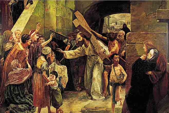 HEILIGENDARST., UM 1900, KREUZGANG JESUS IN JERUSALEM, L. KRAKELIERT, 70 X 90 CM, R.,