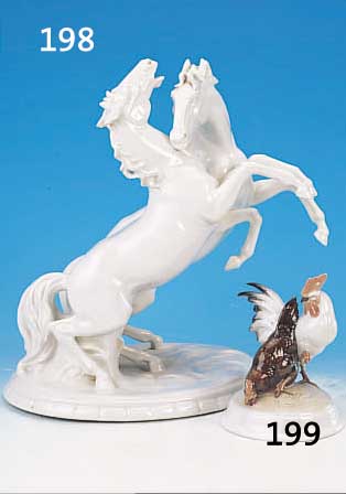 PORZELLANFIGUR, ROSENTHAL, 1936, HüHNERPAAR VON HIMMELSTOSS, BUNT BEMALT, H. CA. 14 CM