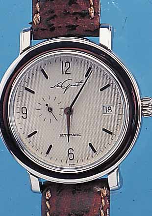LE GUET HERRENARMBANDUHR AUTOMATIK, REF.- NR. 2650/139, SCHWEIZ UM 1997, EDELST. POL., BOMB. MINERALGL., BLATT GUILL. U. VERS., KL. SEK. BEI 9, ...