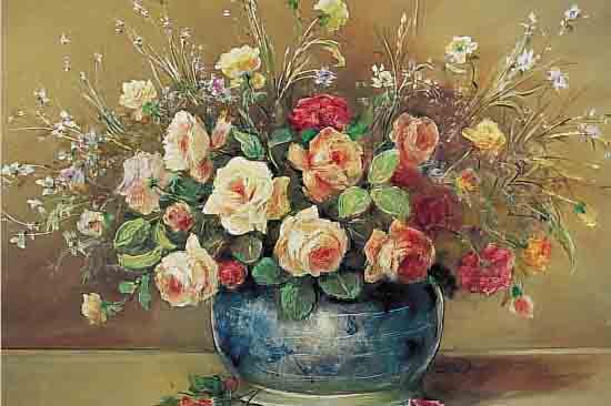 WEBER, R., GEB. 1908 WIESBADEN, ROSEN UND WIESENBLUMEN IN BLAUER KUGELVASE, ÖL/LWD, RE. U. SIGN., CA. 58 X 80 CM, R.