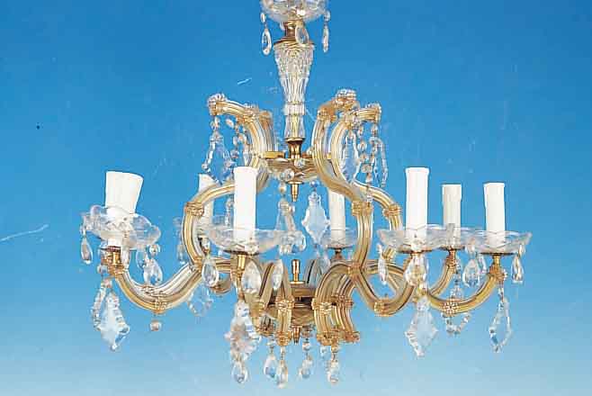 DECKENLüSTER, 40/50ER J., GLASUMMANTELTES METALLGESTäNGE, ACHT BRENNSTELLEN, FACETT. GLASBEHANG, H. CA. 56 CM, L. ALTERSSP., FU. NICHT ...