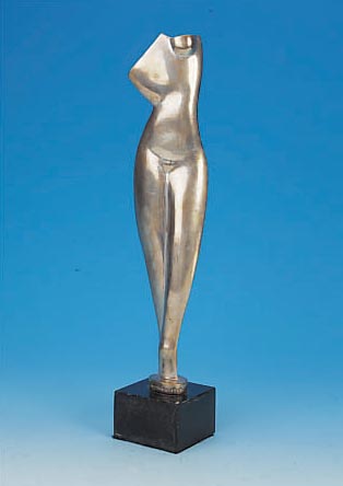 ARCHIPENKO, ALEXANDER, STEHENDER WEIBLICHER AKT, VERSILBERTER BRONZEGUß, POSTHUMER NACHGUßAM SOCKEL SIGNIERT UND DAT. 1914, VERSILBERUNGLEICHT ...