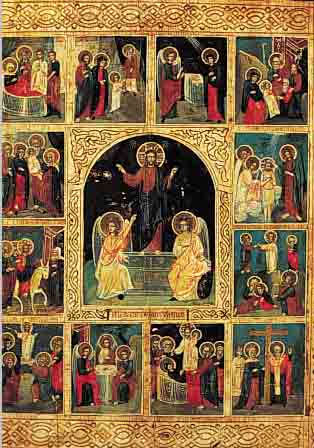 IKONE, RUSSLAND, UM 1900, MITTIG CHRISTUS M.ZWEI ENGELN, 12 VITASZENEN, STARK ABGEWASCHEN,FARBFEHLSTELLEN, SPANNUNGSRIßE, CA. 35.5 X 31 CM