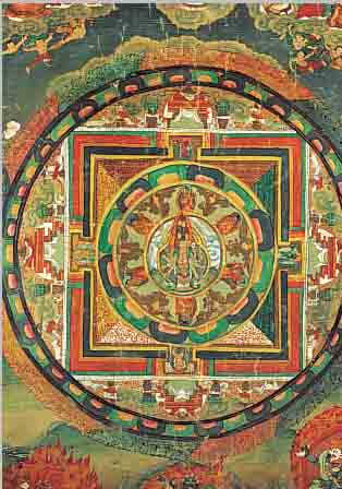 THANGKA, NEPAL, UM 1900, FEINE GOUACHEMALE- REI AUF BAUMWOLLGEWEBE, FARBFEHLSTELLEN DURCH KNICKE, CA. 71 X 47 CM