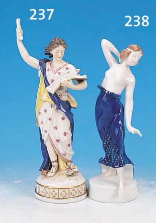PORZELLANFIGUR, ROSENTHAL. MODELLNR. K201, SIGN. BOEHS, SCHREITENDE, BUNT BEMALT, AN DER HAND RESTAURIERT, H. CA. 23.5 CM