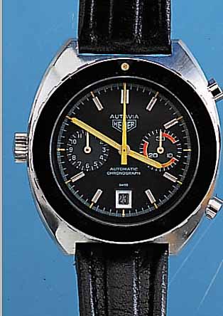 HEUER ARMBANDCHRONOGRAPH AUTAVIA, SCHWEIZ UM1969, EDELST. MASSIV, BODEN GESCHR., ZUR BESSEREN STOPPBED. KRONE AUßEN 9, LüNETTE BEIDS. ...