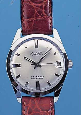 ANKER HERRENARMBANDUHR AUTOMATIK, DEUTSCH- LAND UM 1972, METALL HARTVERCHR., EDELST.- BODEN GESCHR., 25 ST., DATUM, BASISKAL. H. BECKER 313, ...