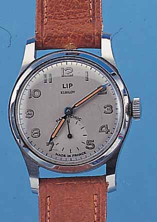 LIP HERRENARMBANDUHR ELGILOY, FRANKREICH UM 1960, EDELST., BODEN GESCHR., RUNDANKERW., 17 ST., HANDAUFZUG, SCHR.-UNR., BREG.-SPIR., ...
