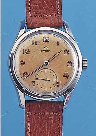 OMEGA HERRENARMBANDUHR, REF.-NR. 2639-5, SCHWEIZ UM 1955, EDELST., BODEN GESCHR., ORIG.-BLATT, FARBL. GET., 15 ST., HANDAUFZUG- KAL. 265, ...