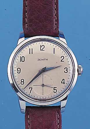 ZENITH HERRENARMBANDUHR SPORTO, REF.-NR. 9320618, SCHWEIZ UM 1956, EDELST., BODEN U. GLASR. GEDR., KONTRASTZIFFERBL. VERS., WERKS. VERGL., ...