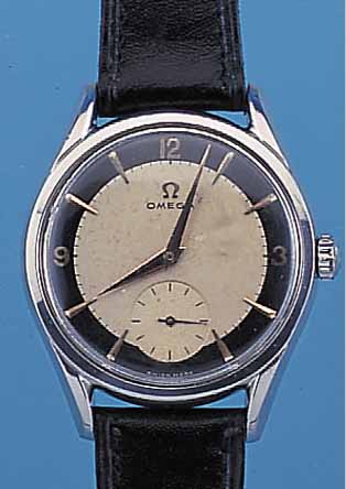 OMEGA HERRENARMBANDUHR, REF.-NR. 2791/8, SCHWEIZ UM 1955, EDELST., BODEN GEDR., BEI FERTIGST. WASSERD., 2-FARB. ORIG.-BLATT AL- TERSBED. L. ...
