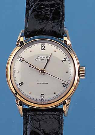 CYMA HERRENARMBANDUHR AUTOMATIK, REF.-NR. 41206/6/3, SCHWEIZ UM 1950, GG 585/000, BODEN U. GLASR. GEDR., PERF. ORIG.-BLATT U. ORIG.- ZEIGER, ...