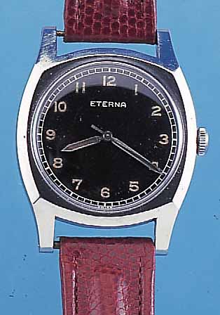 ETERNA MILITäRARMBANDUHR, REF.-NR. 3265597, SCHWEIZ UM 1936, EDELST., CARREE-CAMBRE, BODENGESCHR., SCHW. KONTRASTZIFFERBL., LEUCHTFARBE BRüCHIG, ...