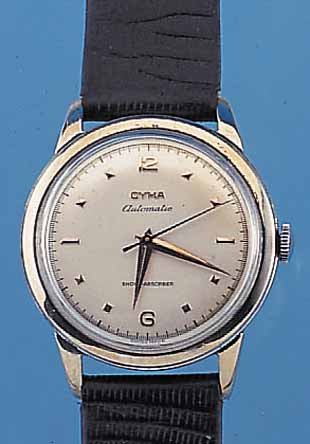 CYMA HERRENARMBANDUHR AUTOMATIK, SCHWEIZ UM 1950, METALL VERCHR., BER., EDELST.-BODEN GEDR., SOG. HAMMERAUTOMATIK, WERK VERG., 17 ST., KAL. ...