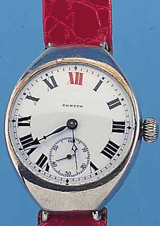ZENITH ARMBANDUHR, SCHWEIZ UM 1920, NICKEL, BODEN GEDR., PERF. EMAILBL. SIGN., ROTE 12, GEBL. STAHLZEIGER, TEILW. ERS., 15 ST., RUND- ANKERW., ...