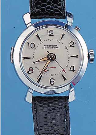 WESTCLOX ARMBANDWECKER, USA/DEUTSCHLAND UM 1950, SELTENE KONSTELLATION, METALLGEH. HART- VERCHR., EDELST.-BODEN GEDR., VOLLPLAT. STIF- TENANKERW., ...