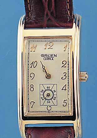 GRUEN CURVEX HERRENARMBANDUHR REPLIKA VON 1938 AKTUELLE PRODUKTION M. QUARTZWERK, METALL HARTVERG., EDELST.-BODEN GEDR., IN SICH GEW., LEDERB., ...