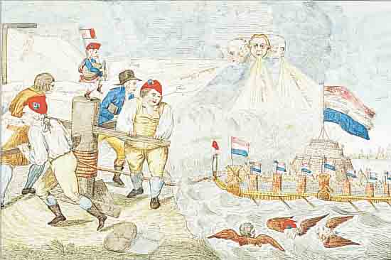 KUPFERSTICH, ALTKOLORIERT, UM 1780, FRANZ. REVOLUTION, NICHT GEKNICKT, BüTTEN- PAPIER, DARST. DER FREIHEIT, DEREN GEGNER UND DER FRANZ. ...
