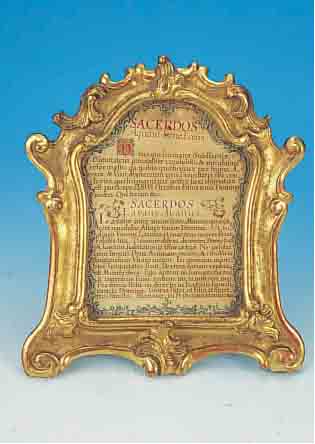 BAROCKRAHMEN, 18. JH., GESCHNITZES HOLZ, BUCHSTABENMALEREI: MESSTEXT DER WANDLUNG IN LATEINISCH, GESAMTMASS CA. 27,5 X 32 CM