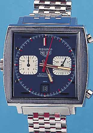 HEUER ARMBANDCHRONOGRAPH MONACO, REF.-NR. 033, SCHWEIZ UM 1971, EDELST.-STüLPGEH., ZUR BESSEREN STOPPBED. KRONE AUßEN 9, 30-MIN.-U. ...