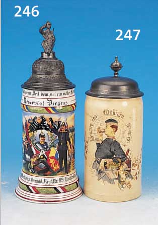 ZINNDECKELKRUG, METTLACH, 1924, STEINGUT, BUNT LITHOGR. U. AUSGEMALT, BEZ. "IMMER DAS MäDCHEN FüR ALLES", ZINNDECKEL, ...