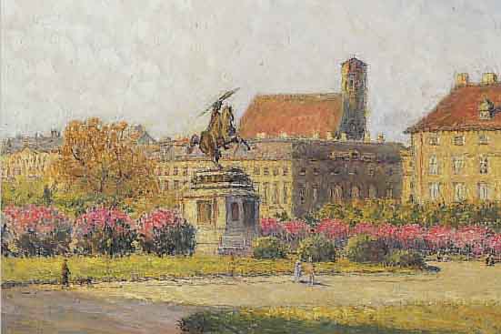 CZERMAK, GISELA, *1871 WIEN - 1956, SOMMER- LICHER PARK MIT BLüHENDEN BüSCHEN, SPAZIER- GäNGERN UND REITERSTATUE VOR STADTKULISSE (WOHL ...
