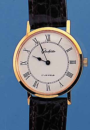 GLASHÜTTE HERRENARMBANDUHR, UNGETR. LAGERW.,UM 1985, LEDERB. NEU, METALL HARTVERG., EDEL- ST.-BODEN GEDR., EMAILFARB. ...