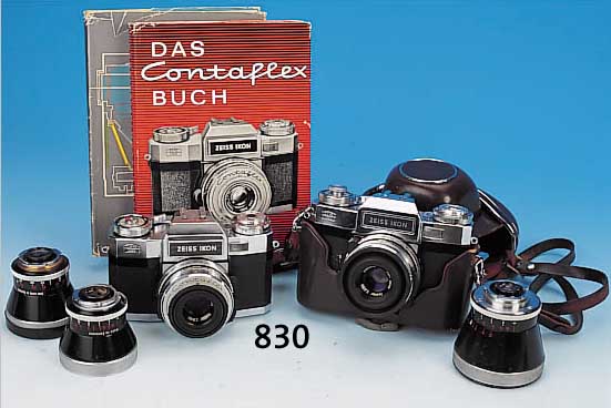 ZEISS IKON KONVOLUT: CONTAFLEX SUPER B, BJ. CA. 1965, TESSAR 50MM 1:2.8; CONTAFLEX SUPER BC MIT TESSAR 50MM 1:2.8 U. LEDERTASCHE; DAZU PRO-TESSAR ...