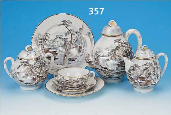 TEESERVICE, JAPAN, FUKAGAWA, UM 1910, EIERSCHALENPORZELLAN, REICH BEMALT MIT LAND- SCHAFTEN UND PAGODEN, GOLDSTAFFAGE, BESTEHEND AUS: KANNE, ...