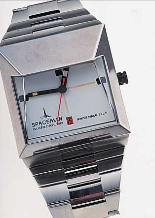 SPACEMAN HERRENARMBANDUHR AUDACIEUSE, SCHWEIZ UM 1972, METALL VERCHR., EDELST.- BAND, FUTURISTISCHES DESIGN VON ANDRE LE MARQUAND, ...