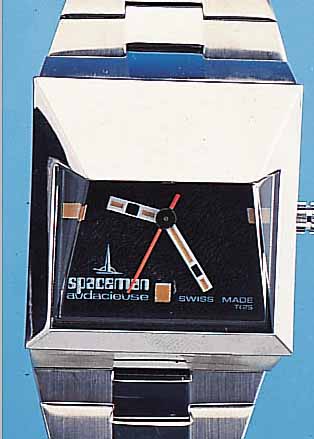 SPACEMAN HERRENARMBANDUHR AUDACIEUSE, SCHWEIZ UM 1972, METALL VERCHR., EDELST.- BAND, FUTURISTISCHES DESIGN VON ANDRE LE MARQUAND, ...
