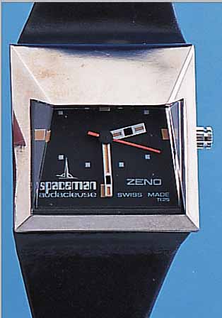 SPACEMAN HERRENARMBANDUHR AUDACIEUSE, SCHWEIZ UM 1972, METALL VERCHR., ORIG.-LEDER- B. M. STIFTSCHL., FUTURISTISCHES DESIGN VON ANDRE LE ...