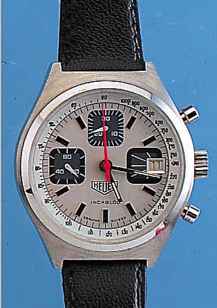 HEUER ARMBANDCHRONOGRAPH, REF.-NR. 79320, SCHWEIZ/FRANKREICH UM 1970, EDELST., BODEN GESCHR., KONTRASTZIFFERBL., 30-MIN.-STOPPZäH- LER, DATUM, ...