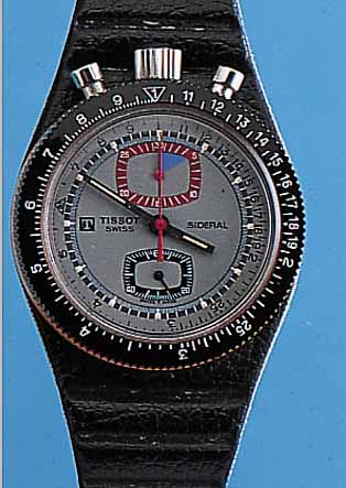 TISSOT ARMBANDCHRONOGRAPH SIDERAL, SCHWEIZ UM 1972, FIBERGLASSGEH., IM BODEN INTEGR. ORIG.-LEDERB. M. STIFTSCHL., LüNETTE BEIDS. DREHB., ...